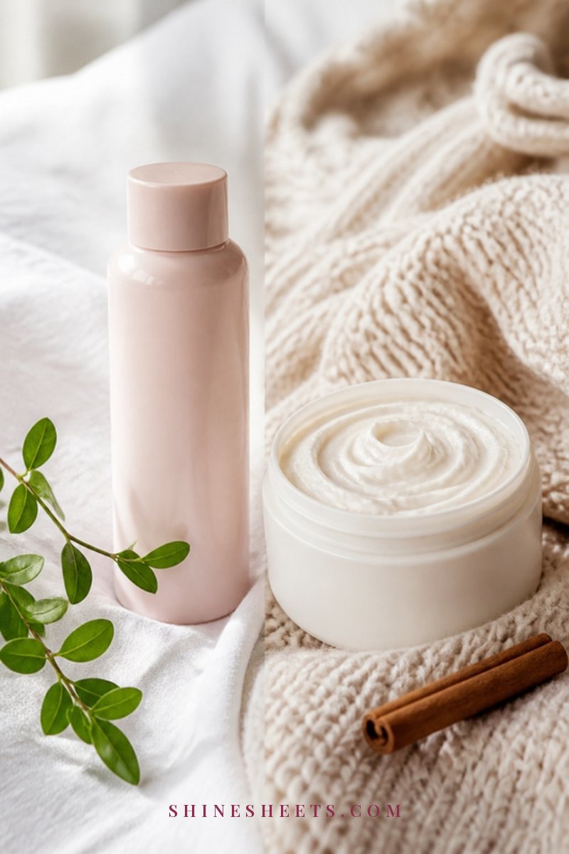 Cream knit blanket, a jar of body cream and a cup of tea by a frosty window in soft winter light