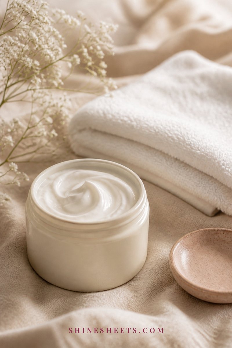 Open tub of rich white body cream on a damp cream towel with a sprig of eucalyptus