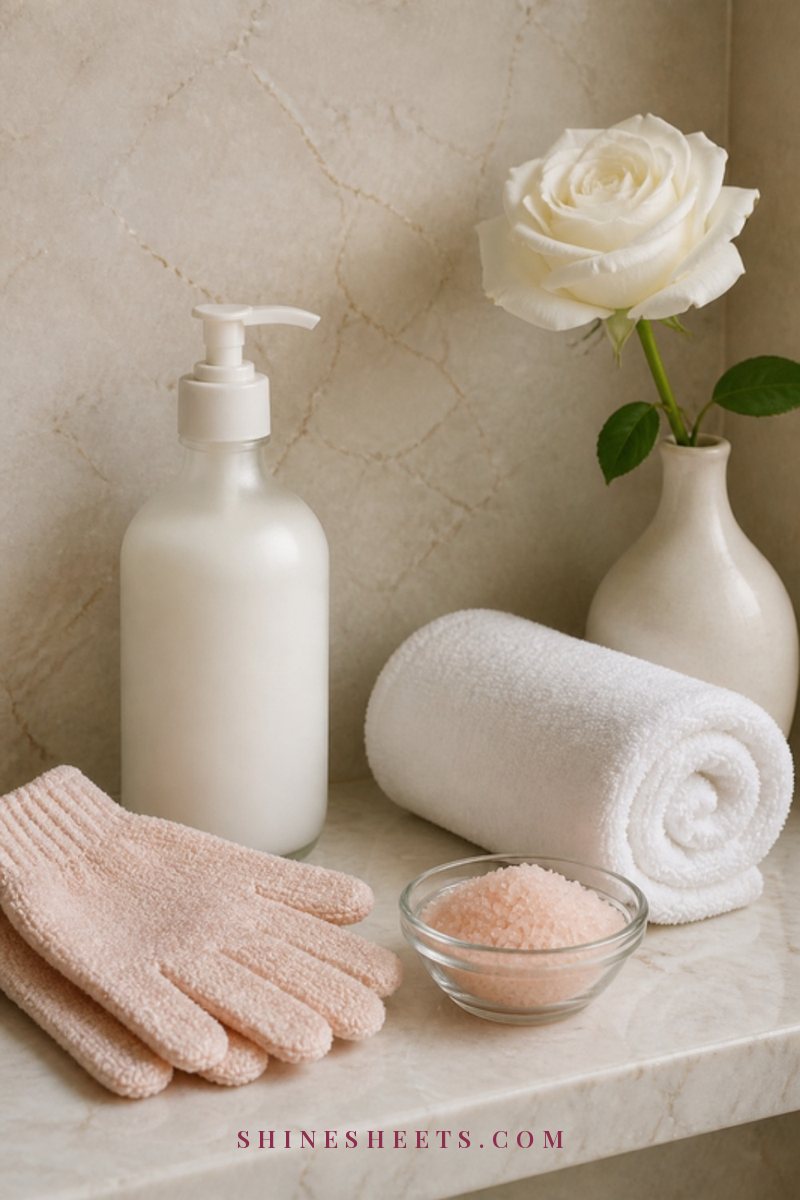 Soft exfoliating mitt, a folded towel and a small bowl of body scrub on a marble bath edge