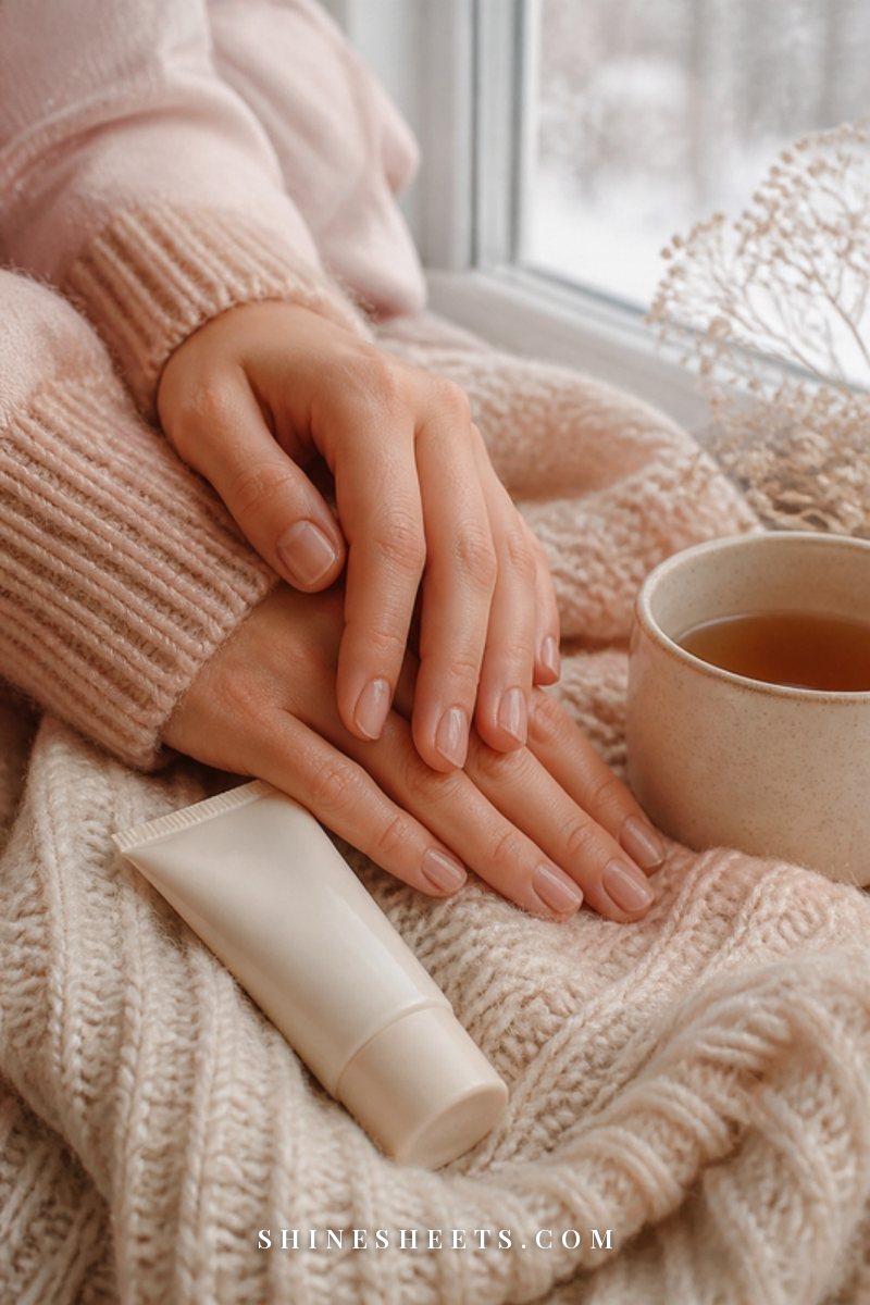 Woman's hands with natural nails resting on a cream knit blanket beside a tube of hand cream