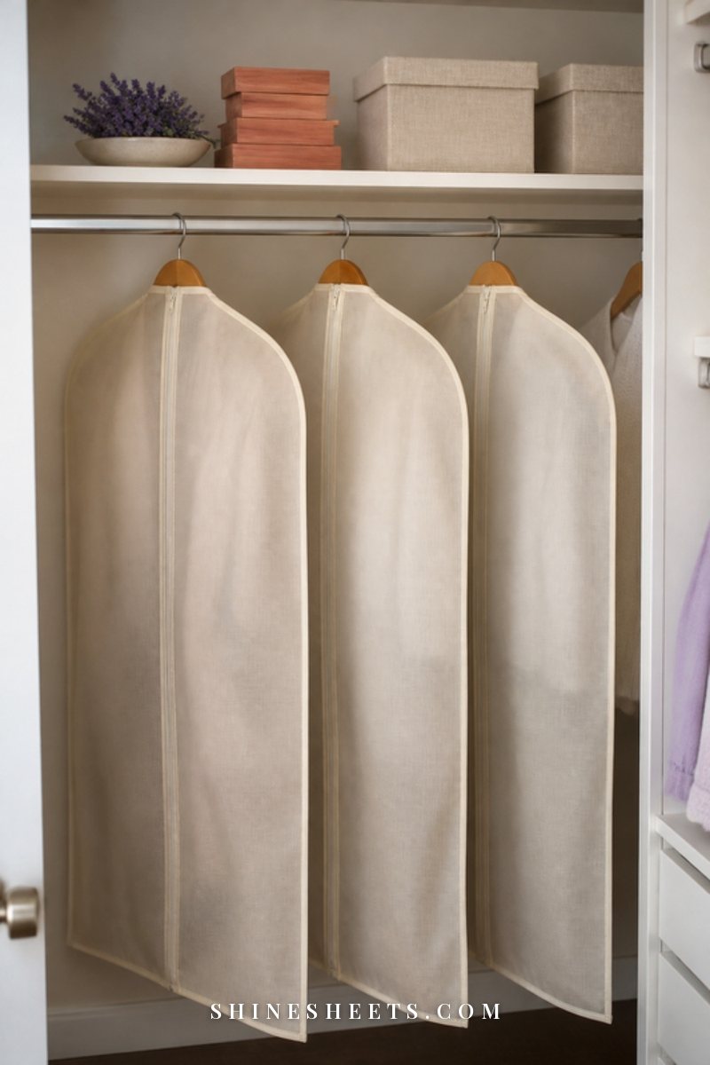 Breathable cream garment bags hanging in a closet with cedar blocks on the shelf above