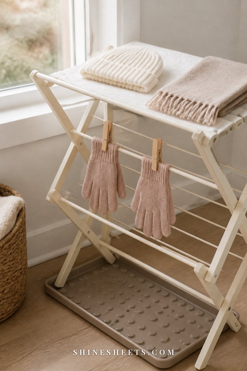 Cream wooden drying rack by a window with knit gloves, a hat and a scarf drying above a boot tray