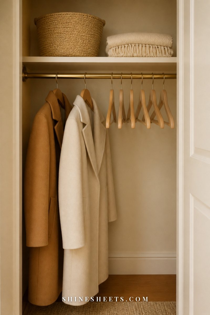 Hall closet with matching cream wooden hangers, a few empty spaces and a soft beige basket on the shelf