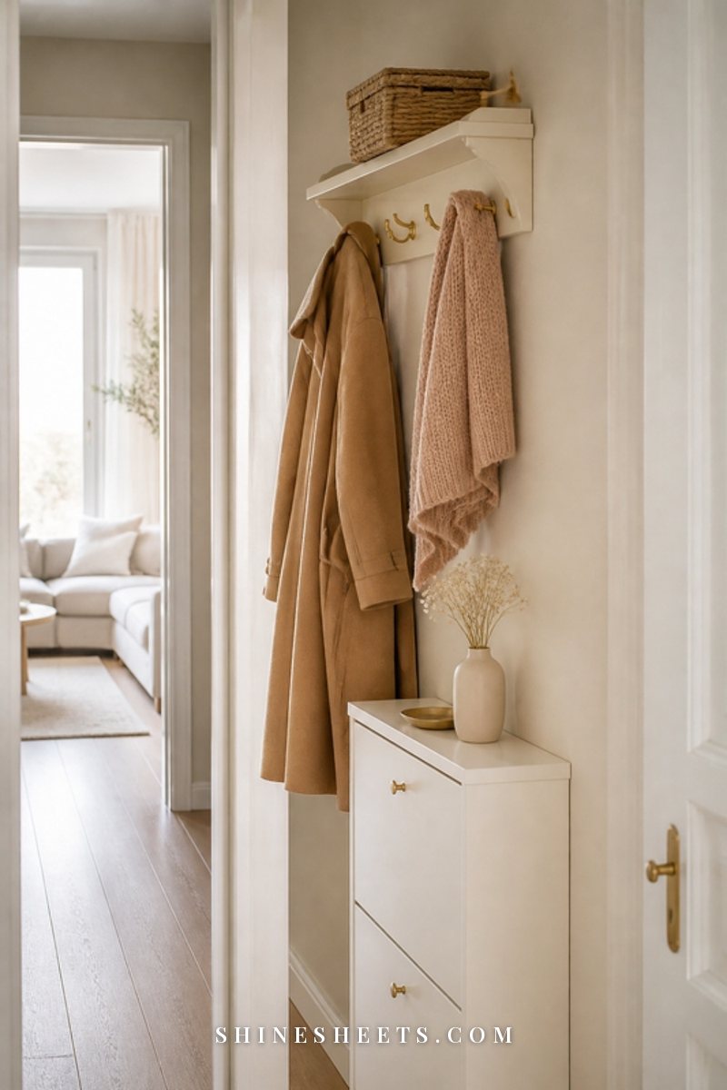 Narrow hallway with a slim cream wall rack holding a camel coat, a blush scarf and a small woven basket below