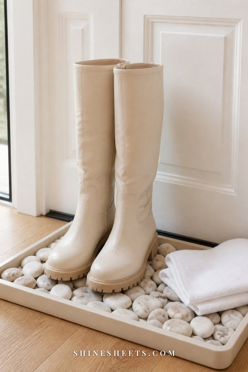 Pair of cream women's winter boots with boot shapers inside standing on a waterproof tray by a white door
