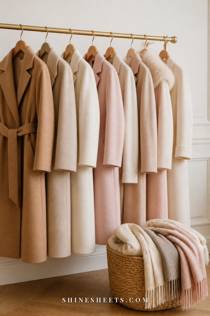 Row of neutral women's winter coats on wooden hangers on a gold rail in soft daylight