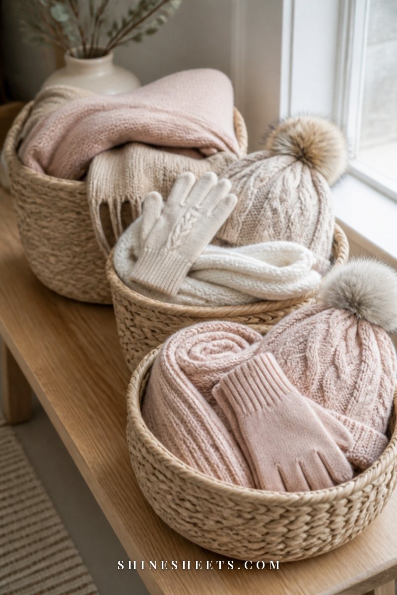 Three woven baskets with folded cream scarves, knit hats and gloves on a light wooden bench