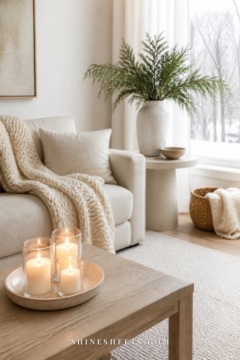 Calm winter living room with a cream sofa, a chunky knit throw, a white vase of cedar branches and lit candles