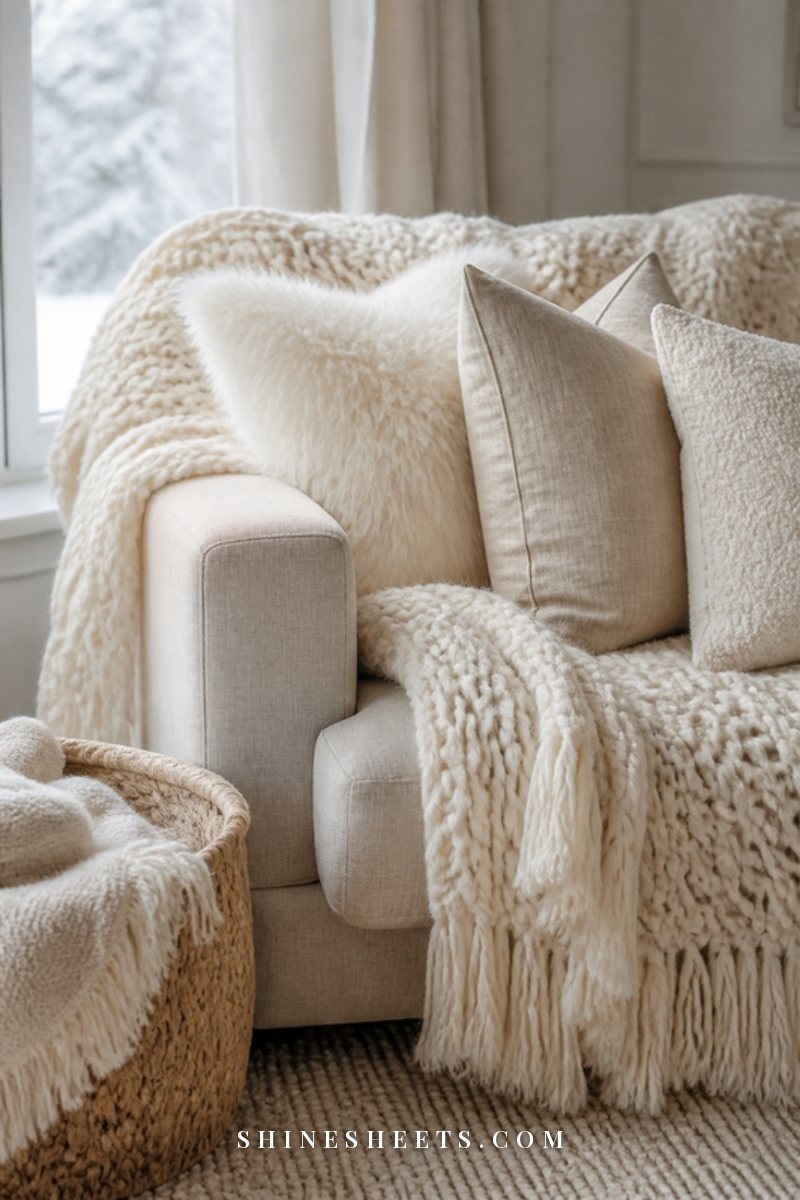 Cream chunky knit throw and a white faux fur pillow layered on a beige linen sofa in soft winter light