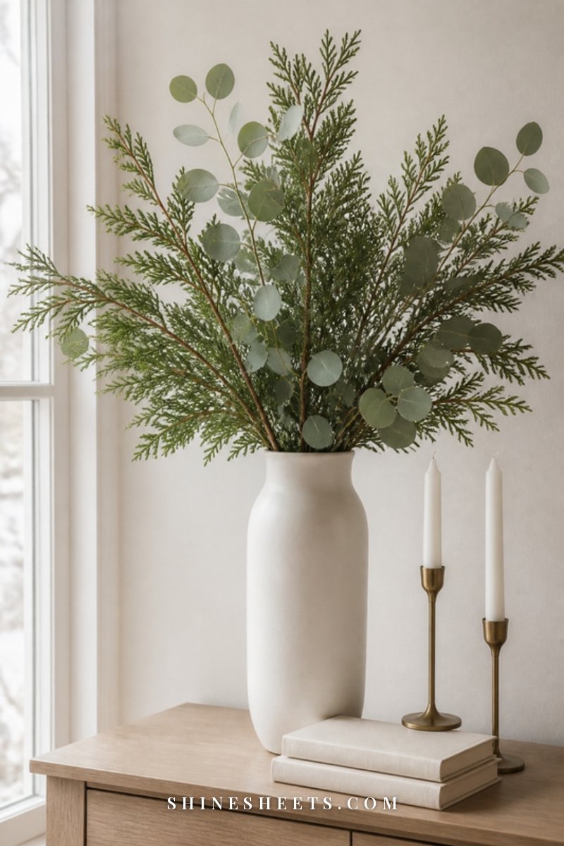 White ceramic vase filled with fresh cedar and eucalyptus branches on a wooden console next to white candles