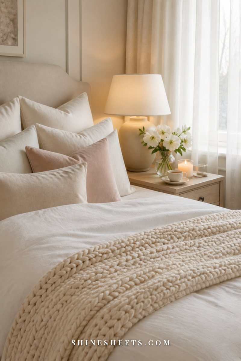 Winter bedroom with layered white bedding, a cream knit throw at the foot of the bed and a small vase of white hellebores