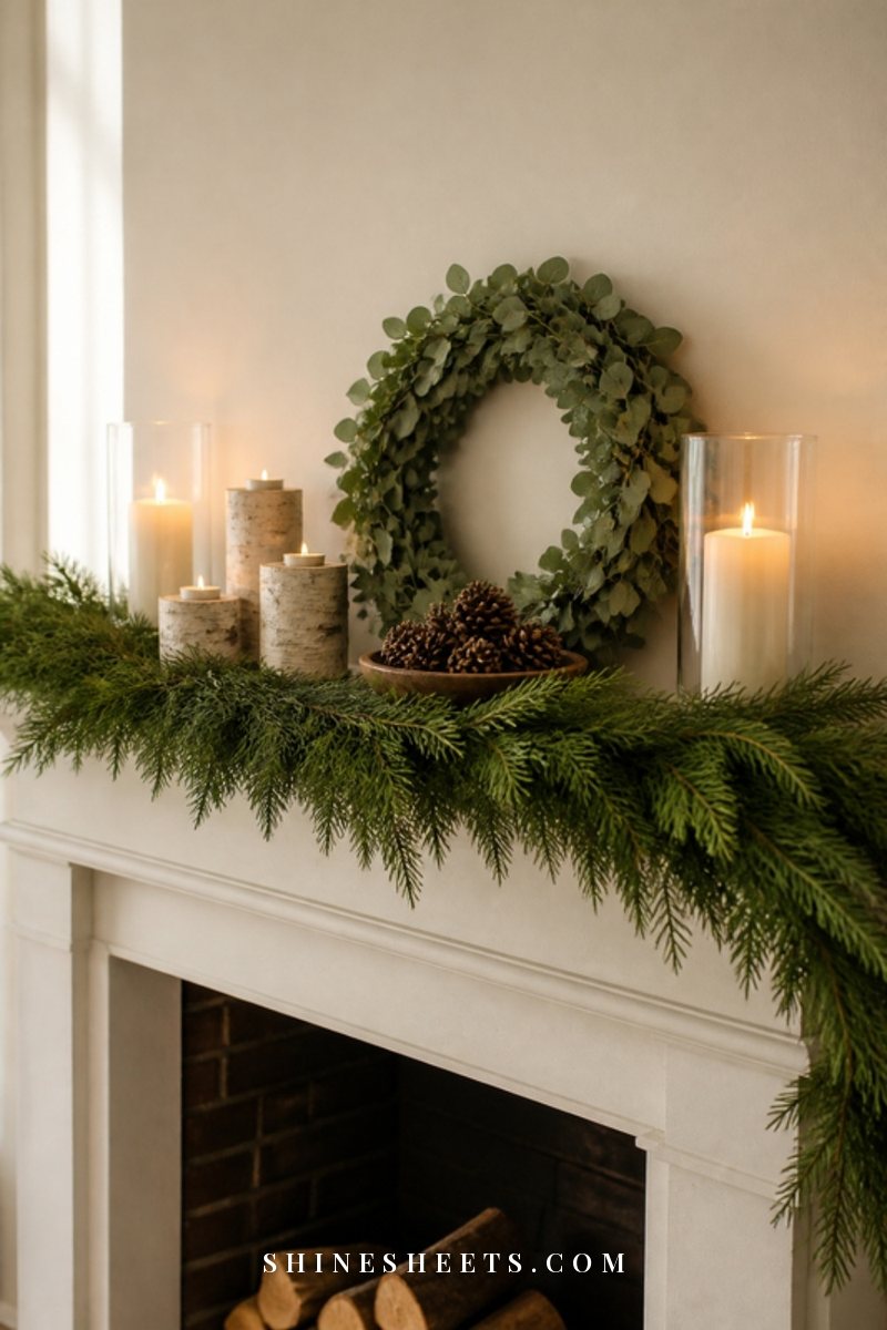 Winter mantel with a plain cedar garland, white pillar candles in glass hurricanes and birch log candle holders