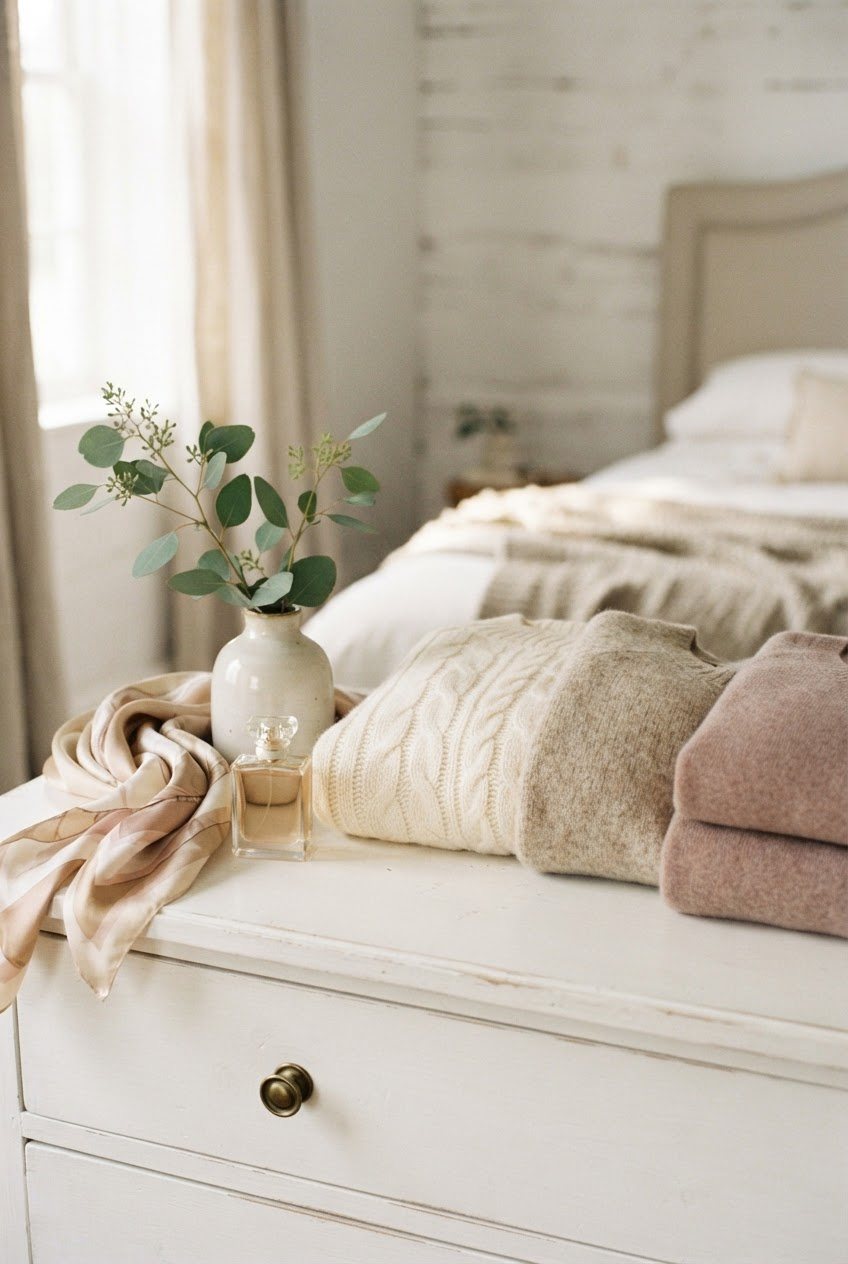 Neatly folded cream sweaters, a silk scarf and a perfume bottle on a white dresser with a sprig of eucalyptus