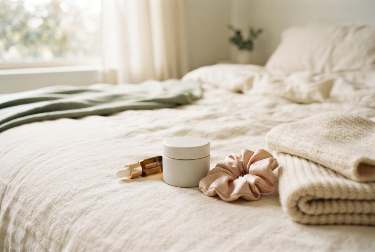 White jar of face cream, a silk scrunchie and a cream knit scarf on a linen bedspread in soft winter light
