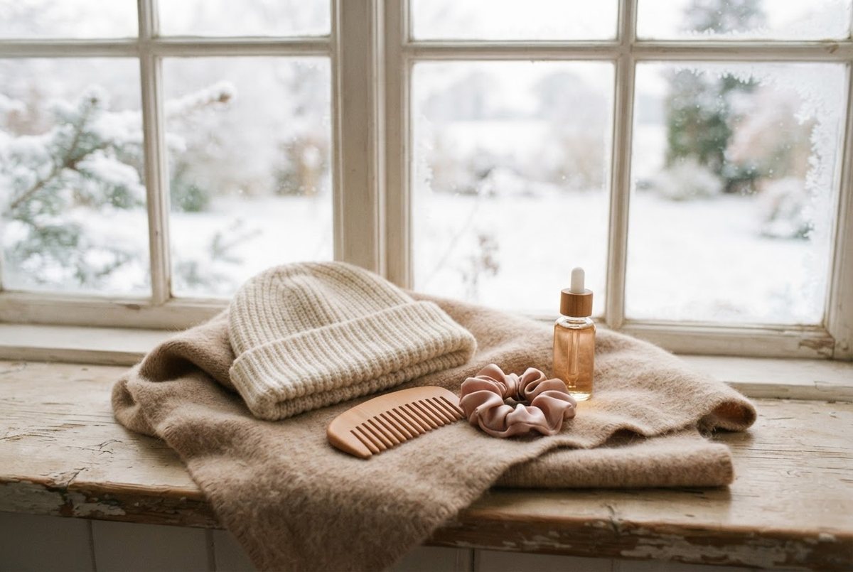 Cream knit beanie, wooden comb, silk scrunchie and a small hair oil bottle on a beige wool scarf by a snowy window