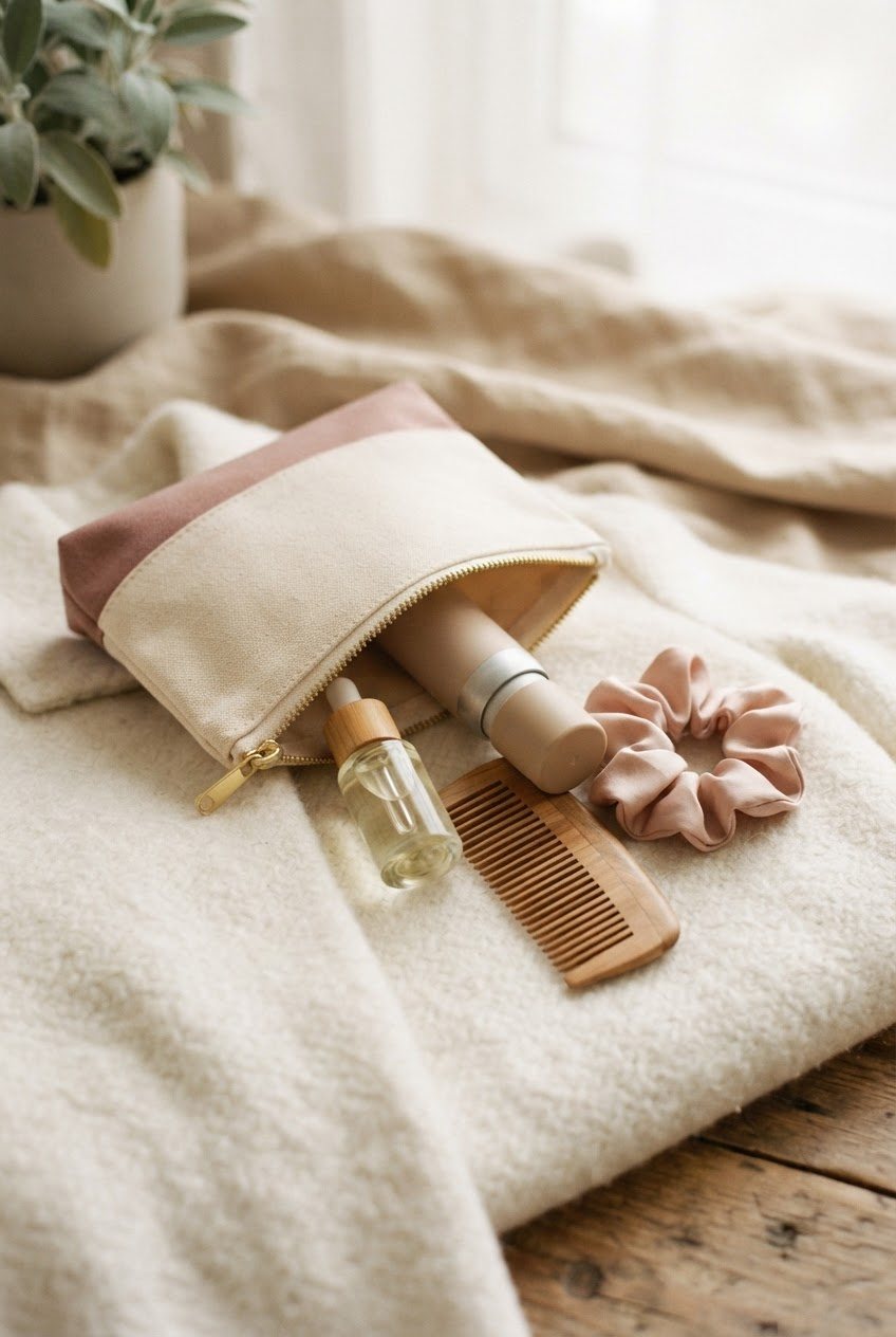 Small cream pouch with a mini hair oil bottle, travel dry shampoo, wooden comb and blush silk scrunchie on a white wool coat
