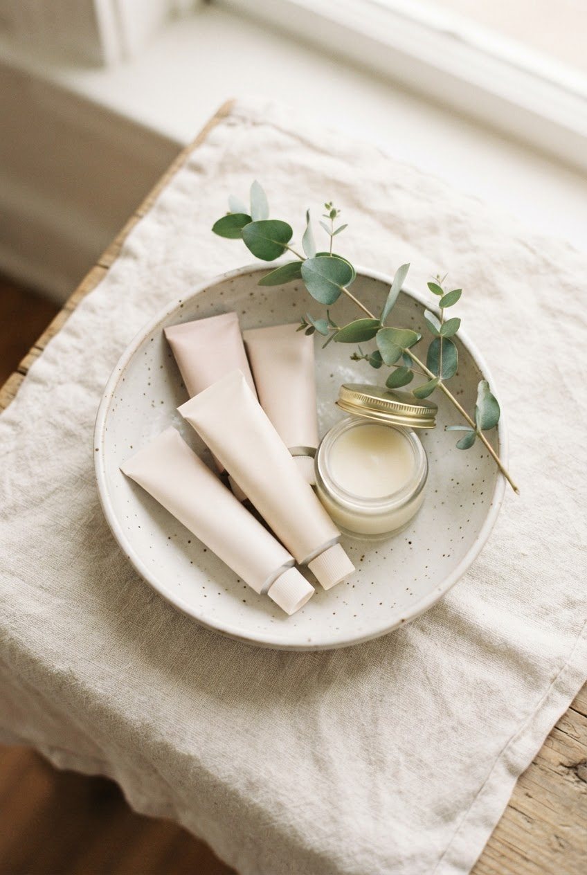 White ceramic dish with hand cream tubes, a small jar of balm and a sprig of eucalyptus on a linen towel