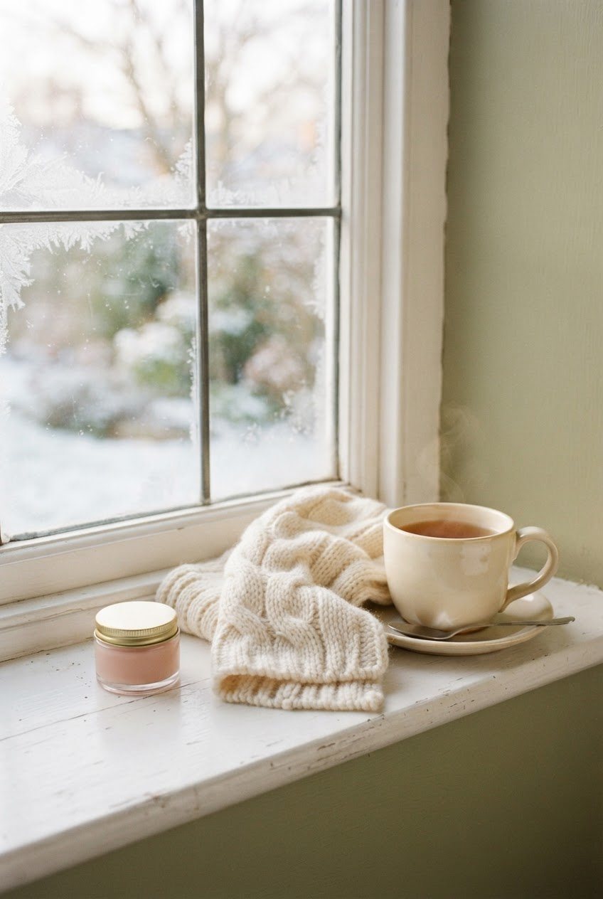 Small jar of lip balm, a cream knit scarf and a cup of tea on a white wooden windowsill with frosty light