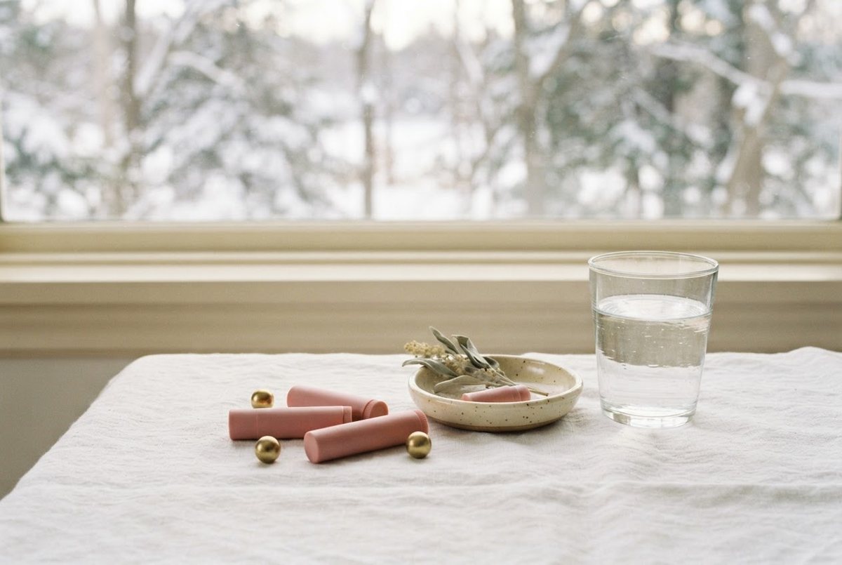 Pink lip balm tubes, a small cream ceramic dish and a glass of water on a white linen cloth in soft winter light