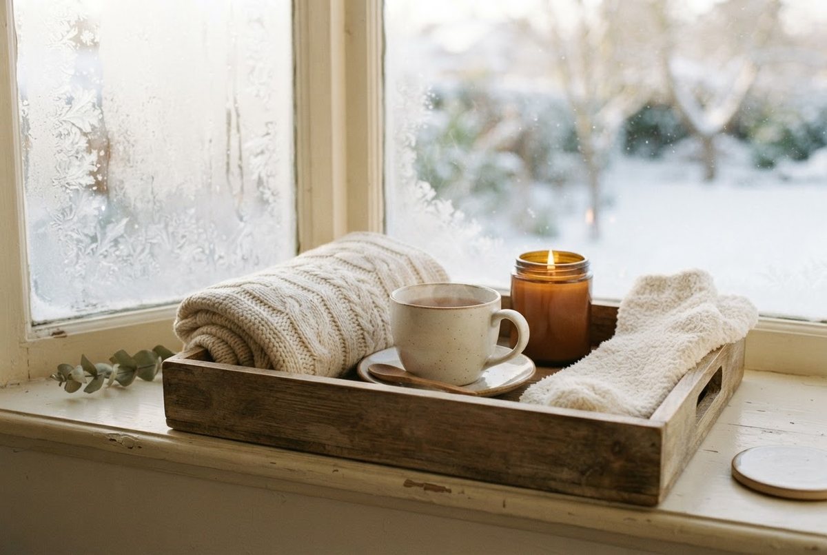 Cream knit blanket, glass candle and a mug of tea on a wooden tray by a frosty window