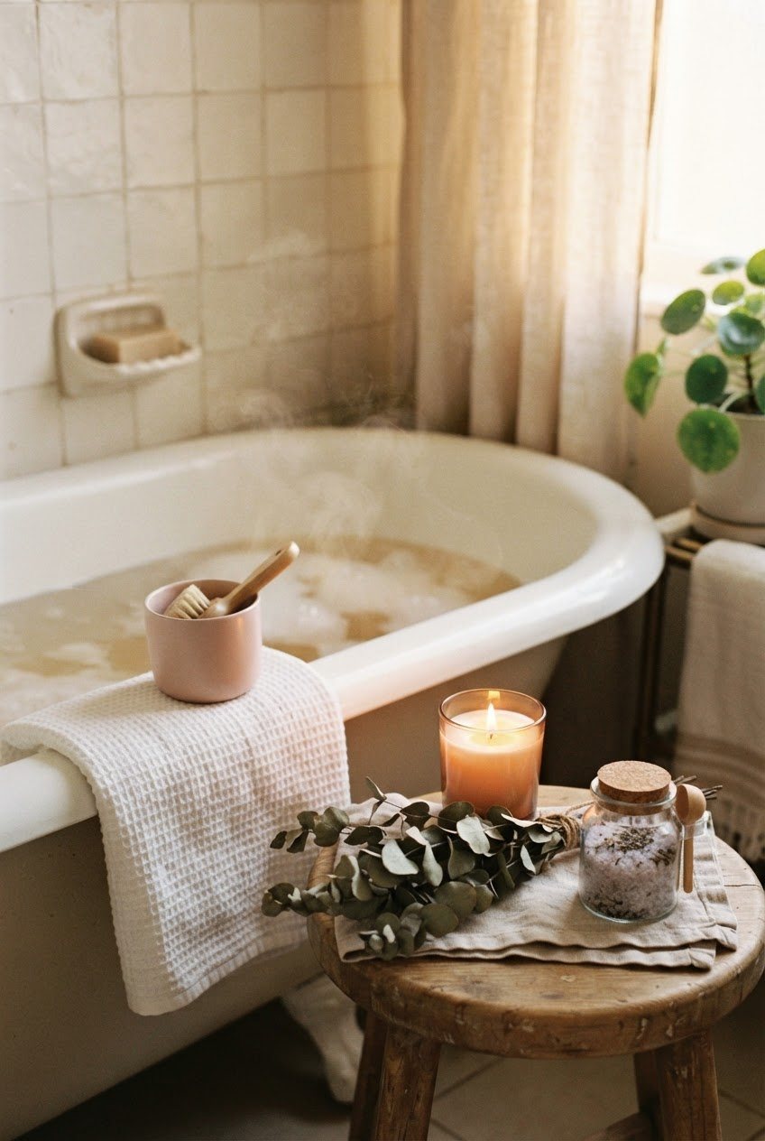 Steaming bath with a folded white towel, glass candle and dried eucalyptus on a wooden stool