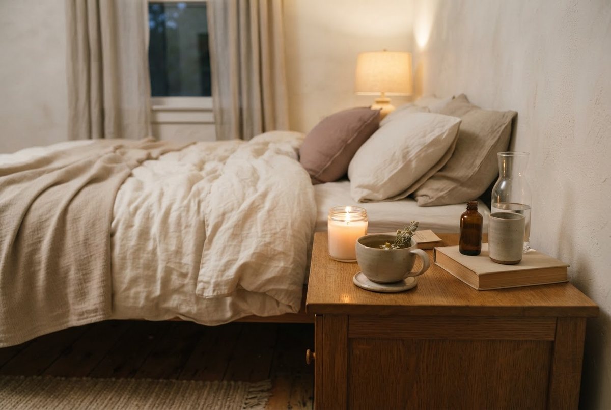 Cream linen bedding, a glass candle and a cup of herbal tea on a wooden nightstand in soft evening lamplight