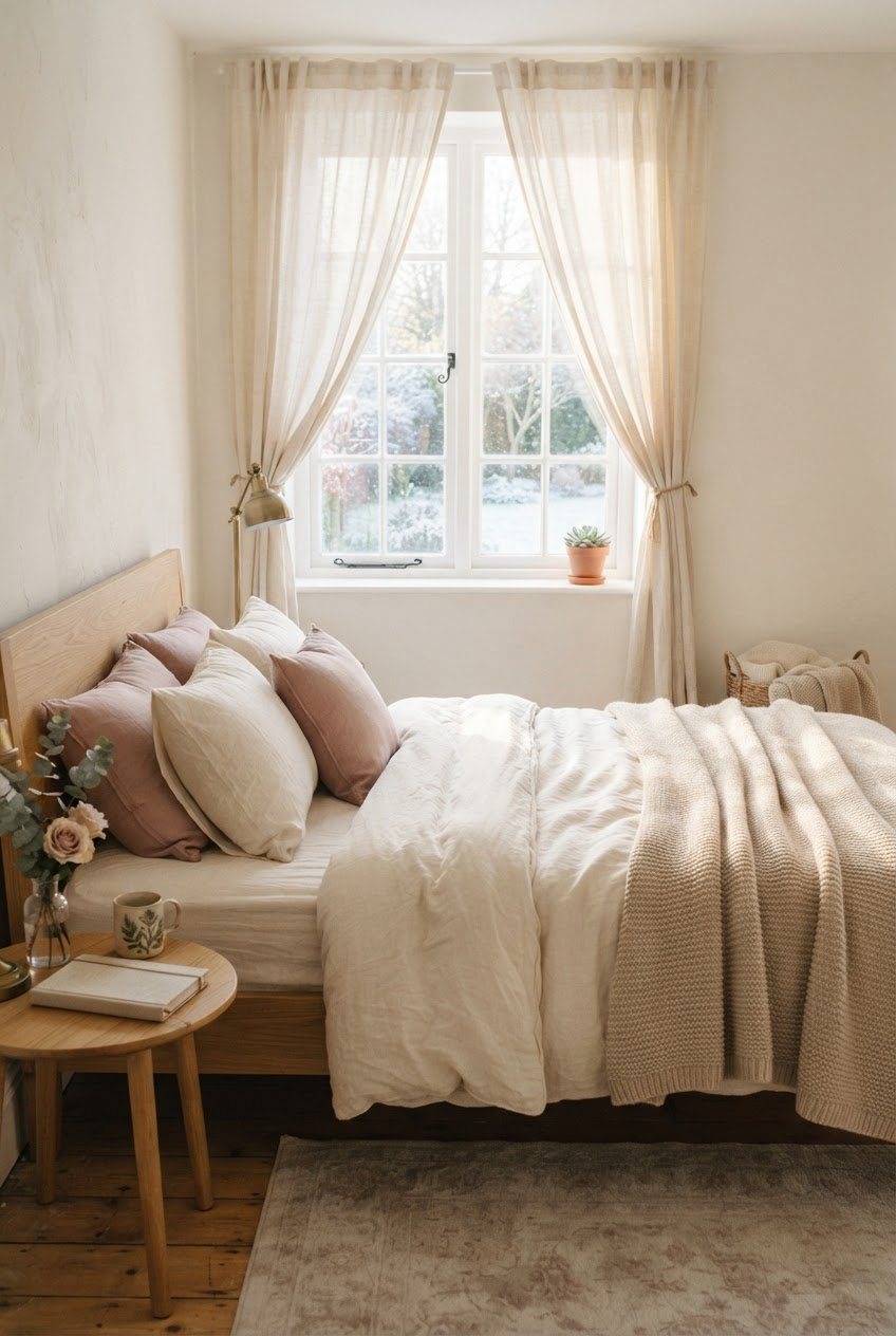 Sheer cream curtains open to soft winter morning light falling across a made bed with a knit throw