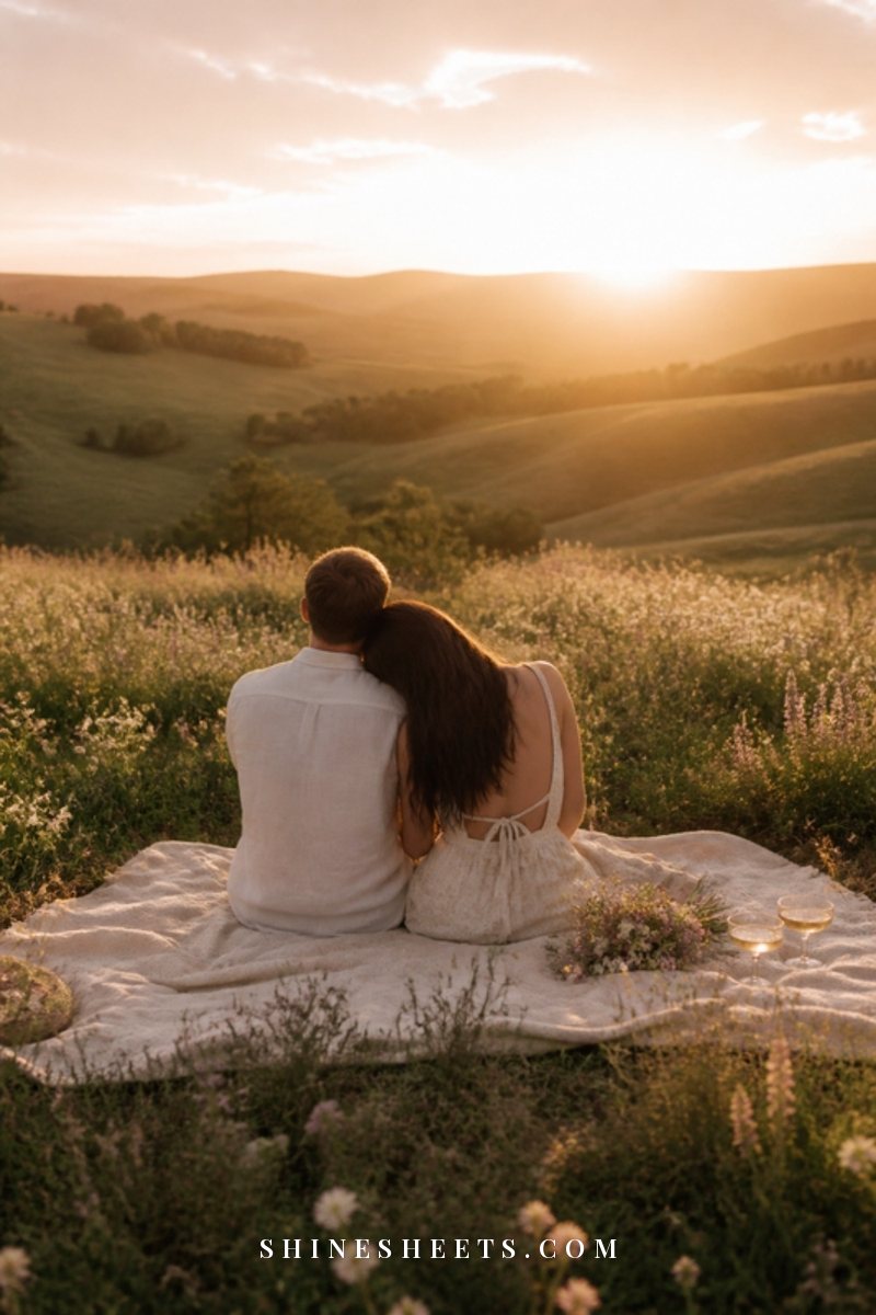A couple seen from behind sitting close on a cream blanket at sunset with two glasses beside them