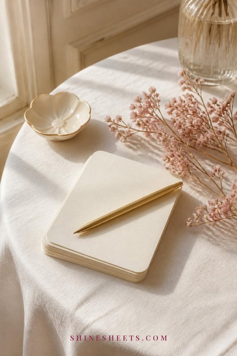 A glass jar filled with folded blank love notes beside a gold pen and cream notecards on a wooden desk