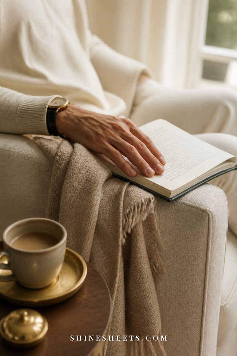 A man's hand resting on an open hardcover book beside a cup of coffee on a cream linen armchair