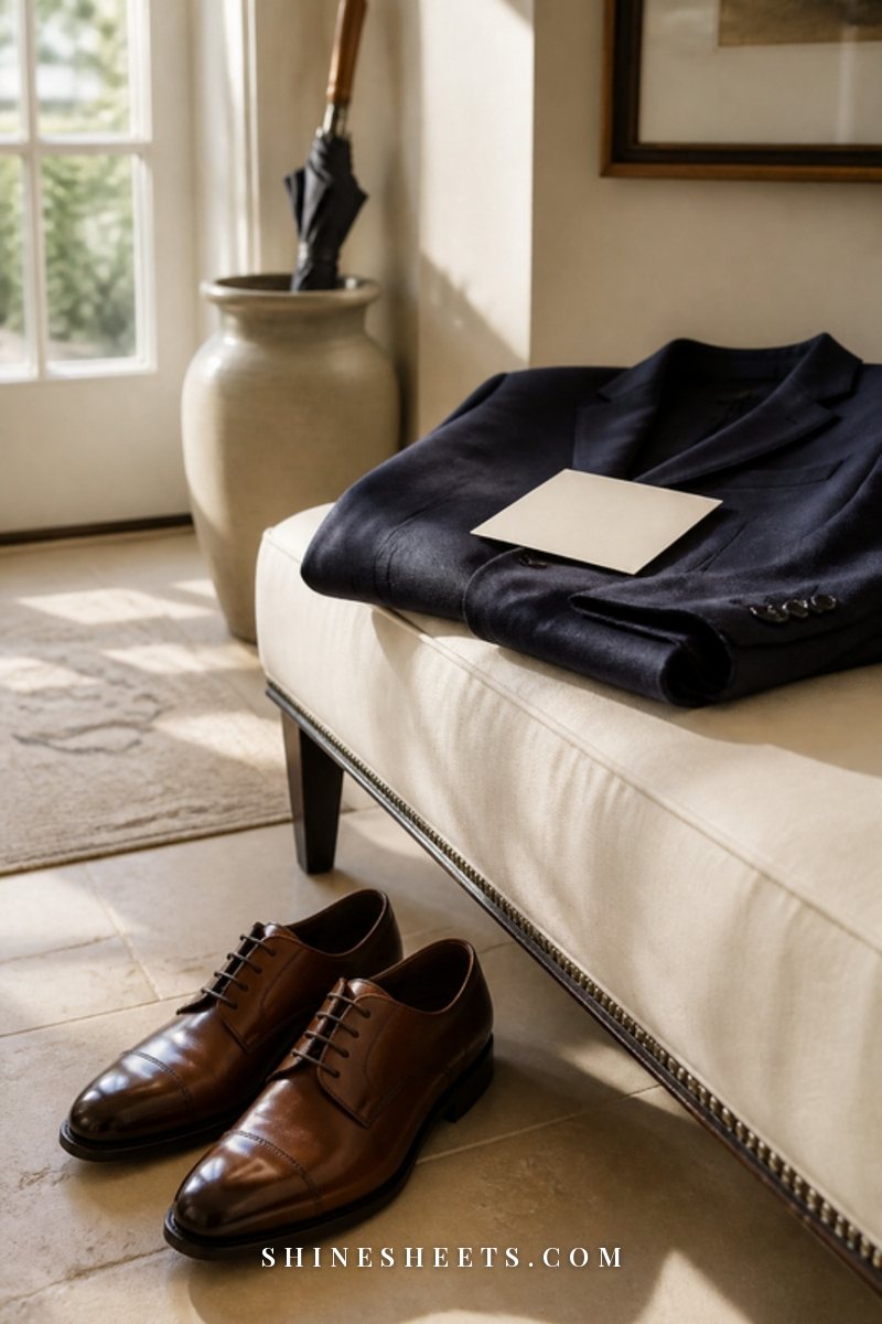 A pair of men's leather shoes and a neatly folded navy blazer on a cream bench in morning light