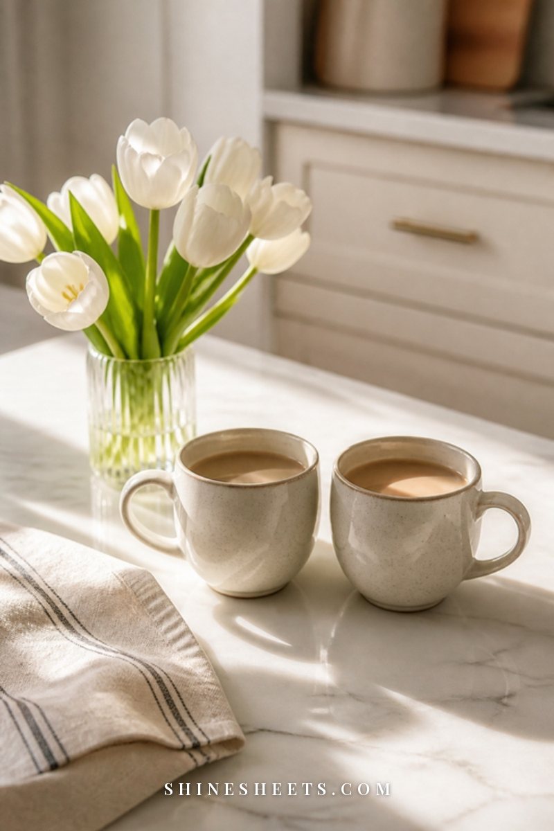 Two coffee mugs on a sunlit kitchen counter beside a small vase of white tulips and a folded tea towel
