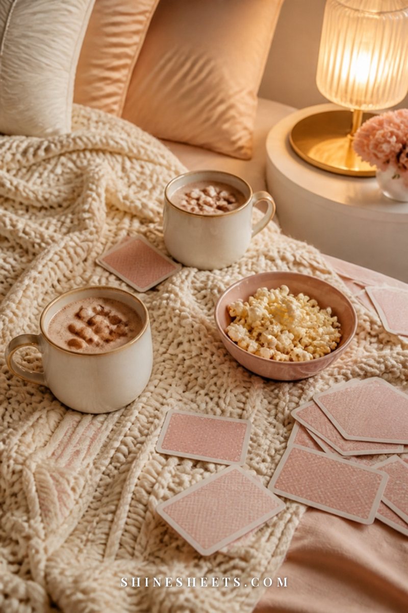 Two mugs of hot chocolate on a cozy bed with a cream knit blanket and a scattered deck of playing cards