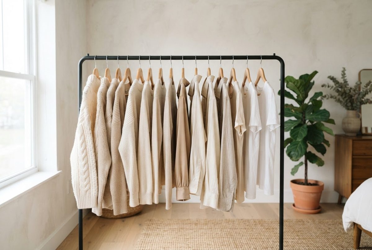 Cream and beige knitwear and shirts hanging on a clothing rail