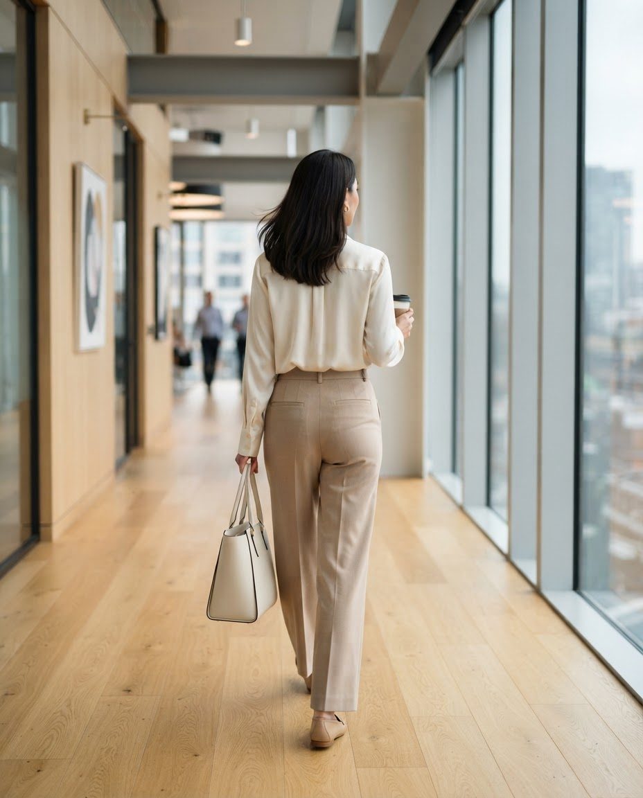 Woman in a cream blouse and beige wide-leg trousers seen from behind walking down a bright office hallway