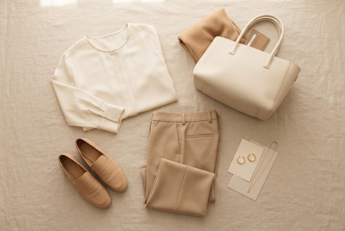 Women's work outfit flat lay with a cream blouse, beige trousers, loafers and a cream tote bag