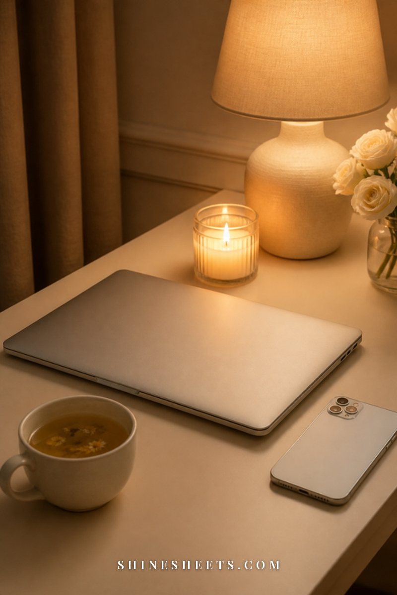 Closed laptop on a cream desk beside a lit glass candle and a cup of evening tea in warm lamp light