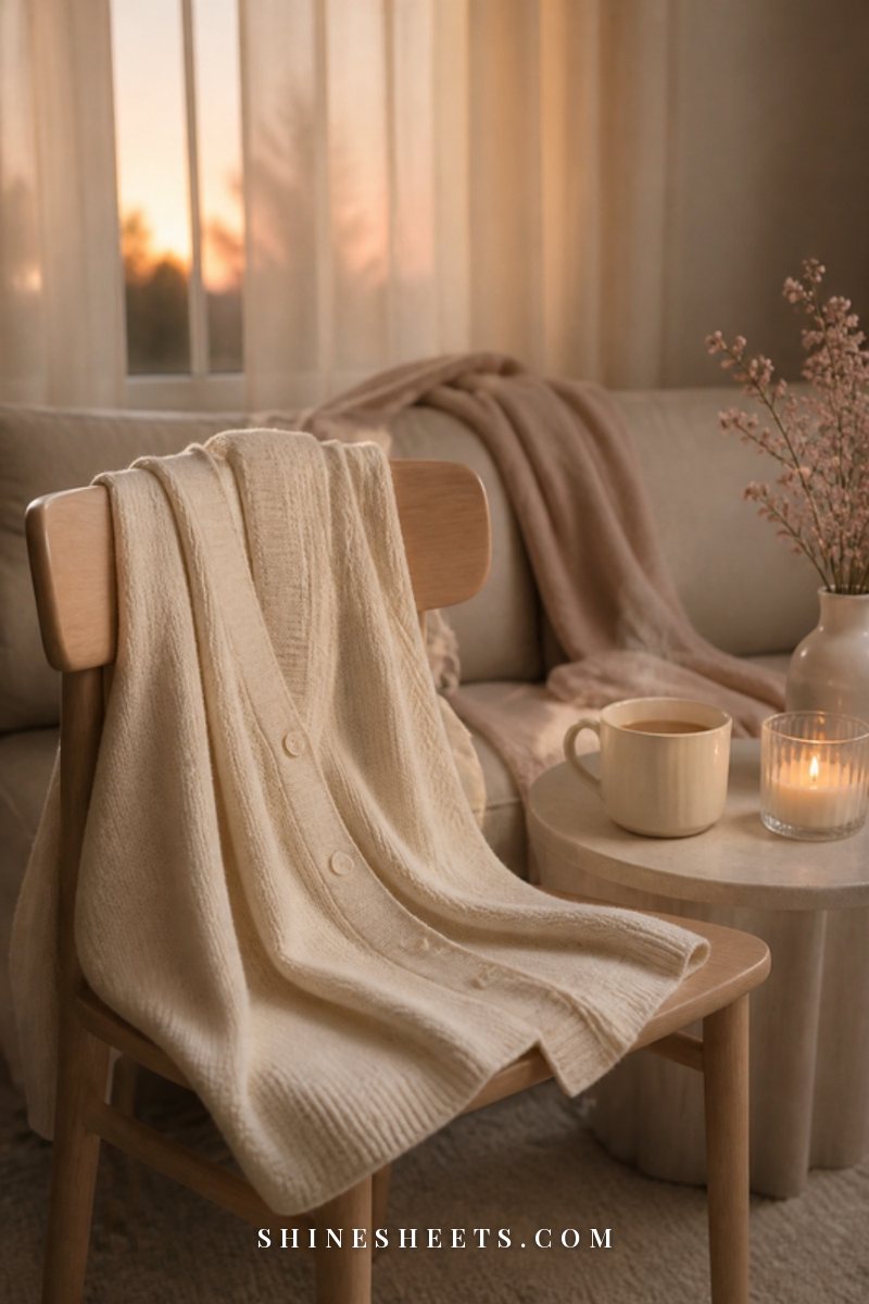 Soft cream cardigan draped over a chair beside a steaming cup of tea and a lit glass candle on a side table at dusk