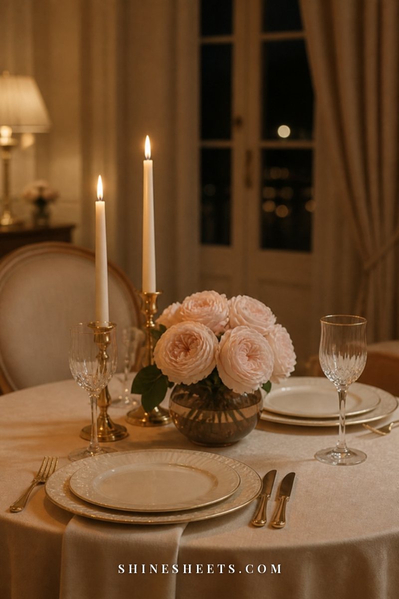 Candlelit table for two with two glasses and a small vase of blush flowers
