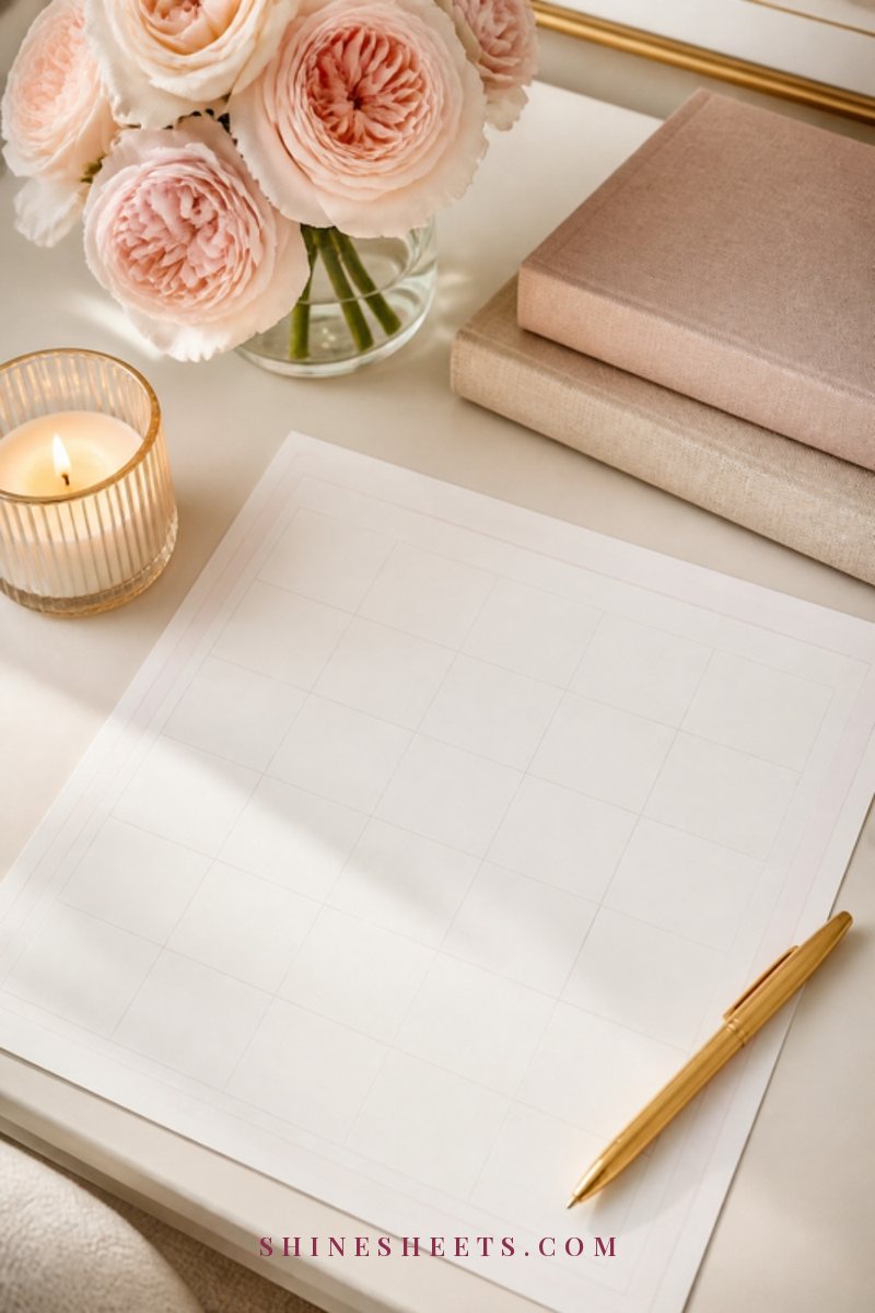 Folded blank love note beside blush roses and a gold pen on white linen
