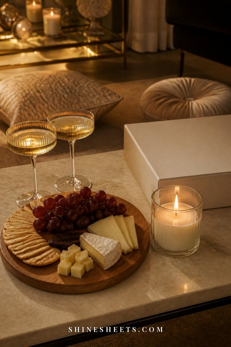 Living room floor picnic with a blanket, candles and two glasses