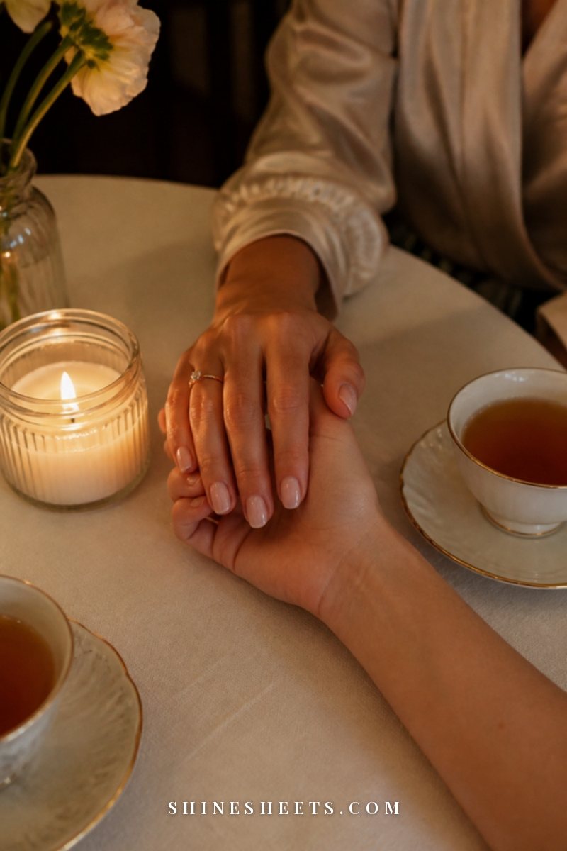 Two hands gently holding across a candlelit table