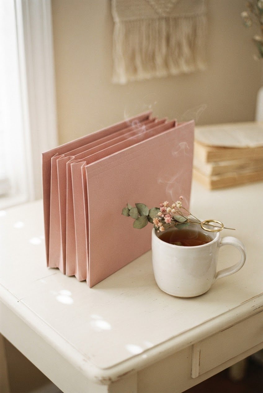 Blush pink accordion file folder, a white mug of tea and a sprig of dried flowers on a cream desk