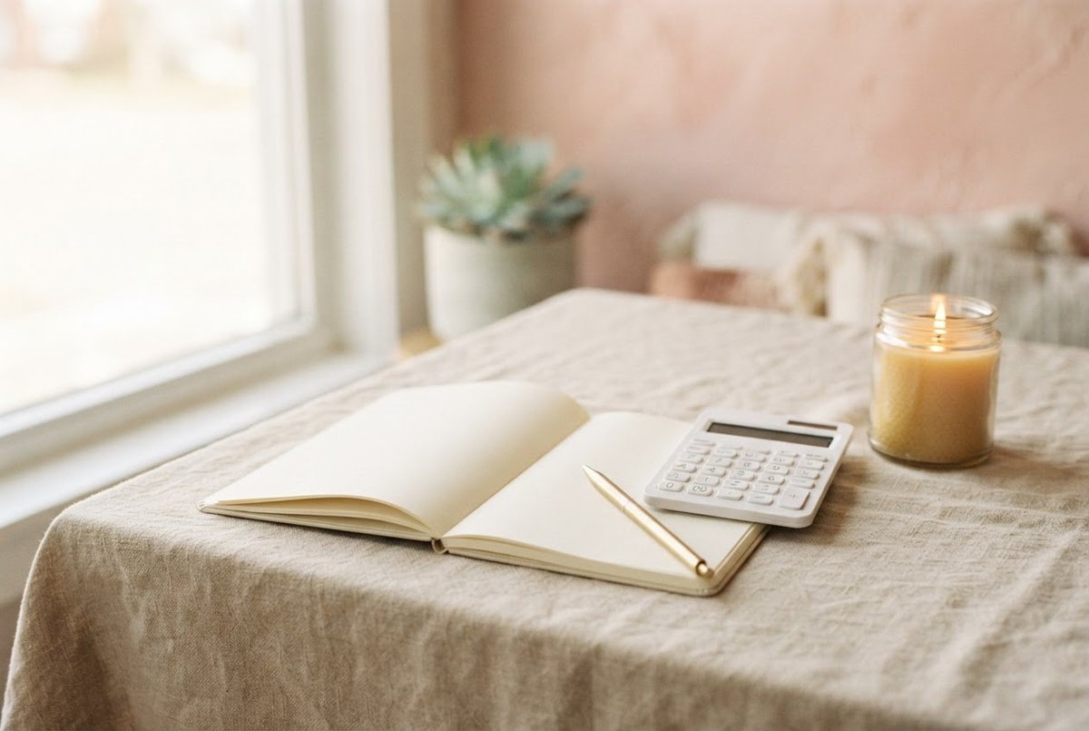 Cream notebook, white calculator, gold pen and a glass candle on a beige linen table in soft light