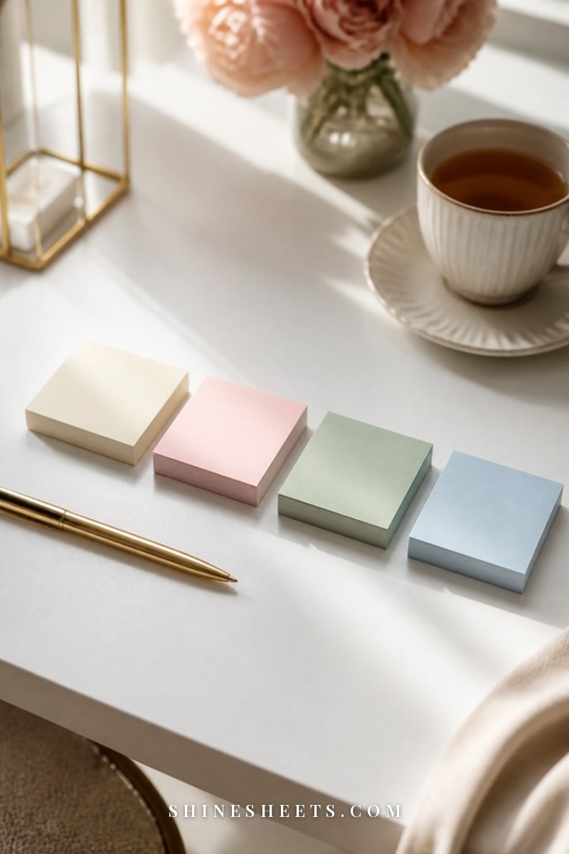 Four small stacks of pastel sticky notes in cream, blush, sage and baby blue arranged in a row on a white desk