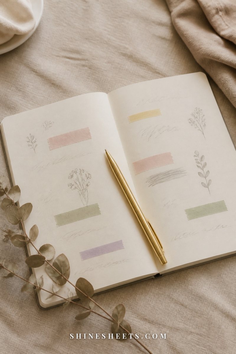 Open cream planner with soft illegible handwriting, a gold pen and pastel washi tape strips on a linen tablecloth
