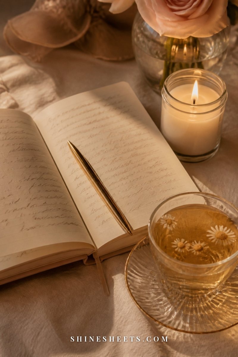 Open journal with soft illegible scribbles, a lit candle in a glass jar and a cup of tea on a cream linen tablecloth at dusk